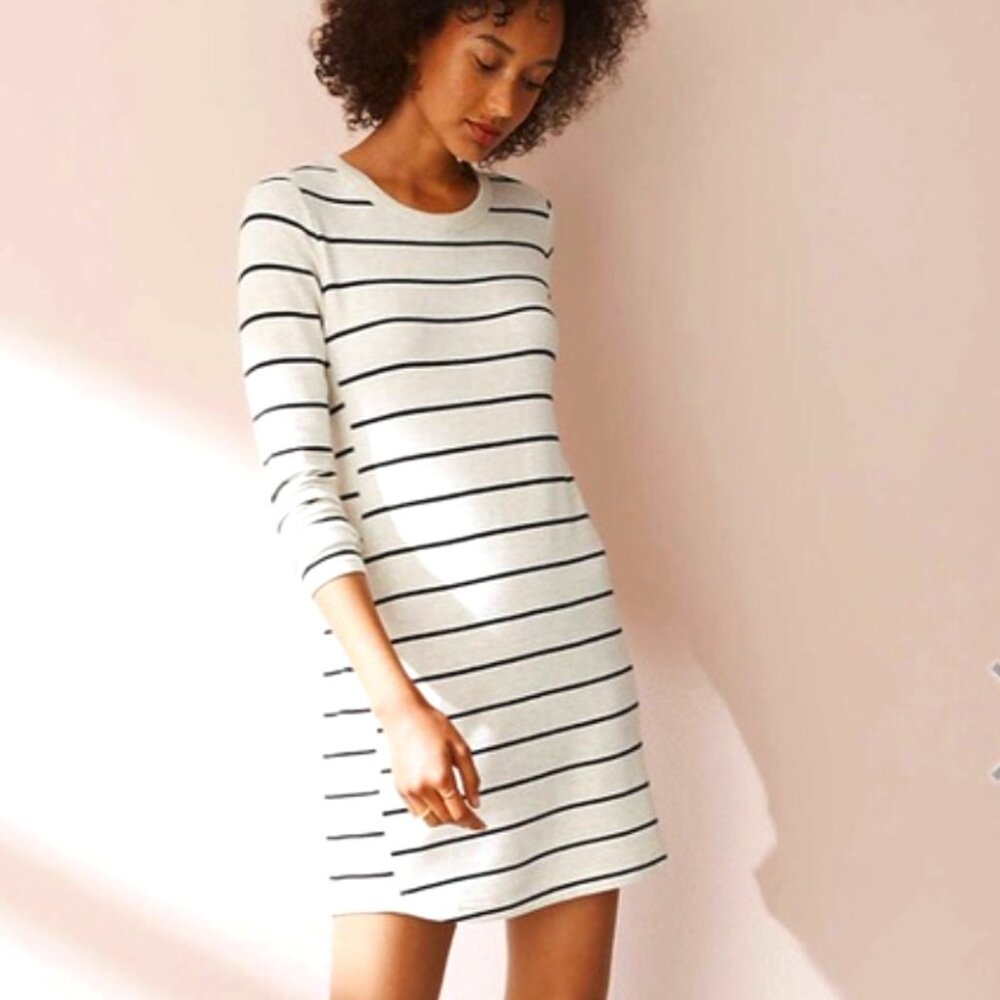 Lou & Grey Black White Coastal Chic Pinstriped Long Sleeve T Shirt Dress Size M